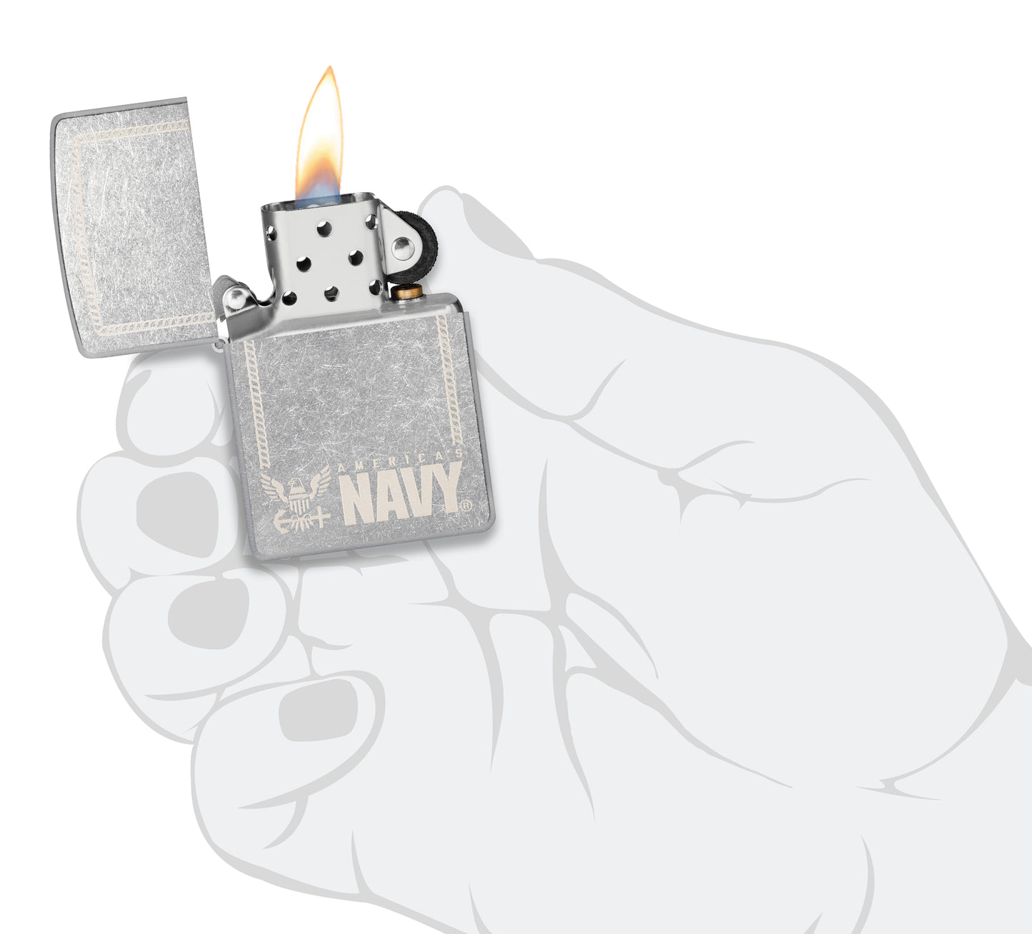 Zippo United States Navy® America's Navy Design Street Chrome Windproof Lighter lit in hand.