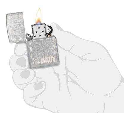 Zippo United States Navy® America's Navy Design Street Chrome Windproof Lighter lit in hand.