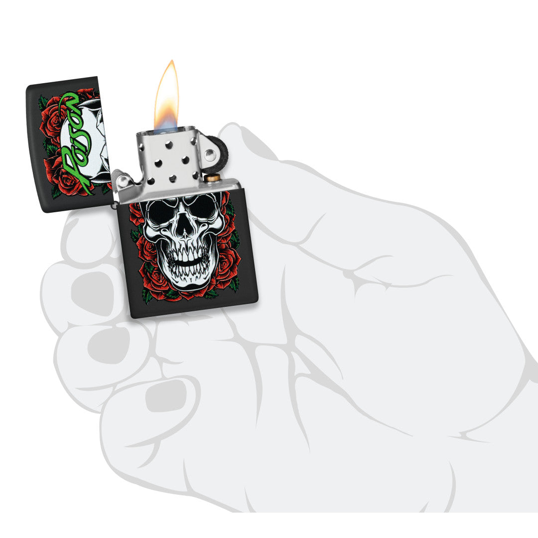 Zippo Poison Skull and Roses Design Black Matte Windproof Lighter lit in hand.