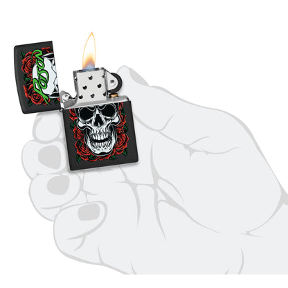 Zippo Poison Skull and Roses Design Black Matte Windproof Lighter lit in hand.