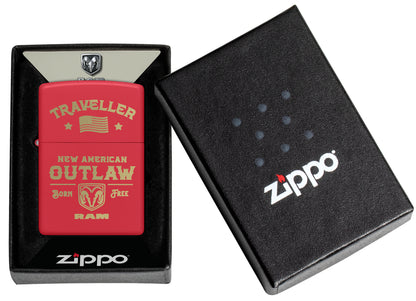 Zippo Ram Traveller Design Red Matte Windproof Lighter in its packaging.