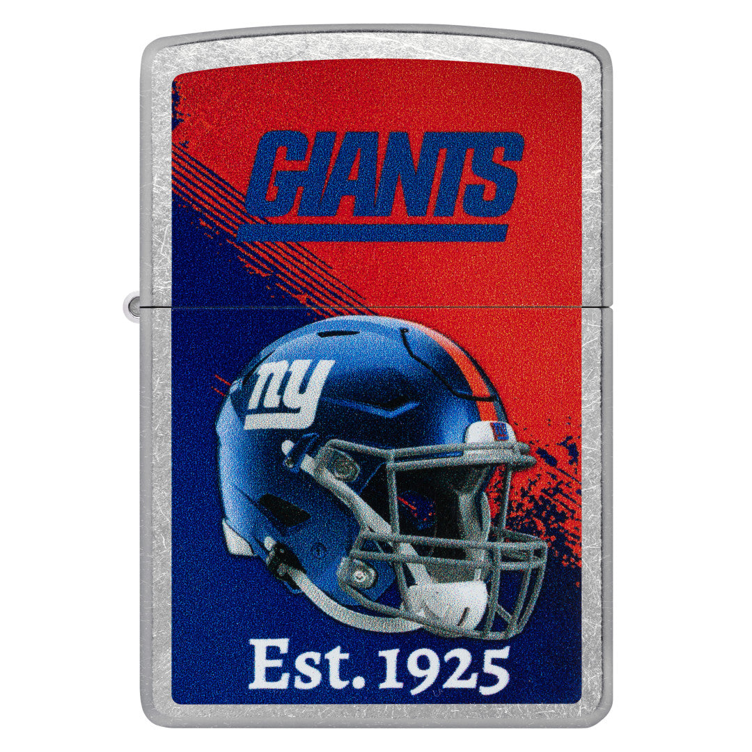 Front view of Zippo NFL New York Giants Helmet Design Street Chrome Windproof Lighter.