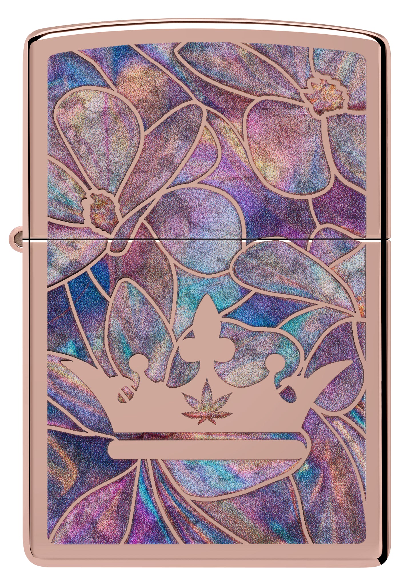 Front view of Zippo Queen of Bud Opal Crown Design High Polish Rose Gold Windproof Lighter.