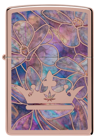 Front view of Zippo Queen of Bud Opal Crown Design High Polish Rose Gold Windproof Lighter.