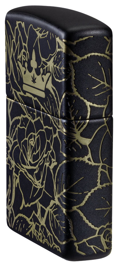 Angled shot of  Zippo Queen of Bud 360° Roses Design Black Matte Windproof Lighter showing the front and non-hinge side of the lighter.