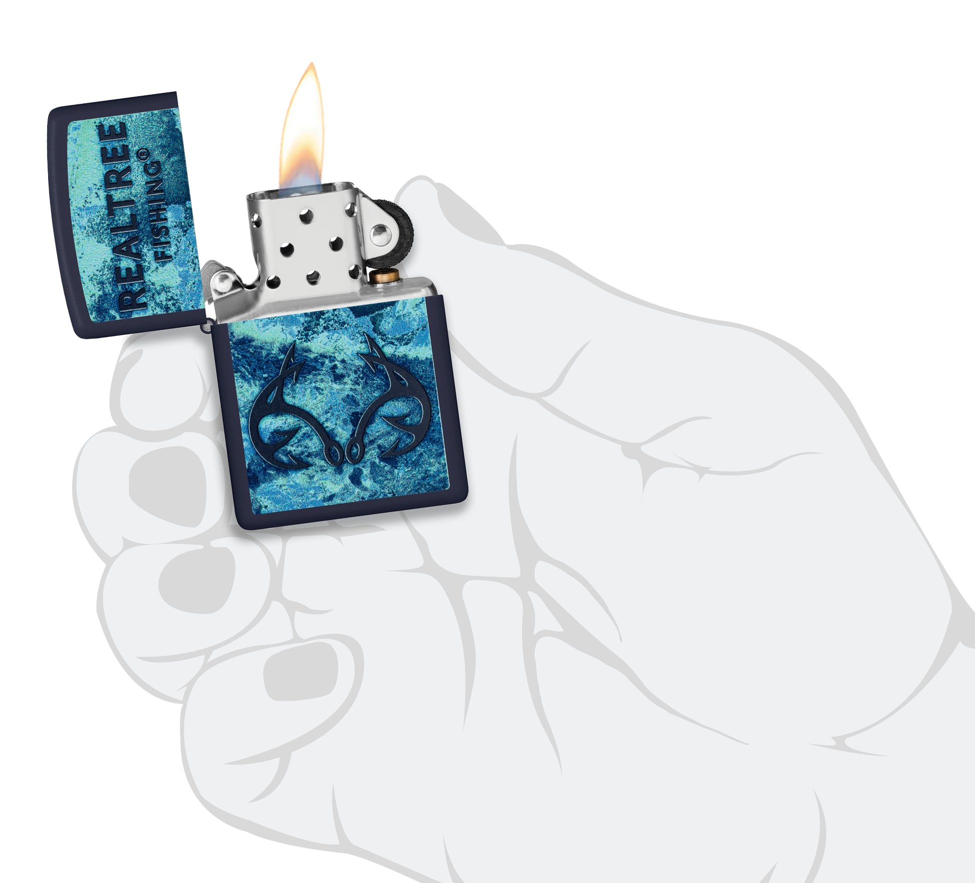 Zippo Realtree® Fishing Design Navy Matte Windproof Lighter lit in hand.