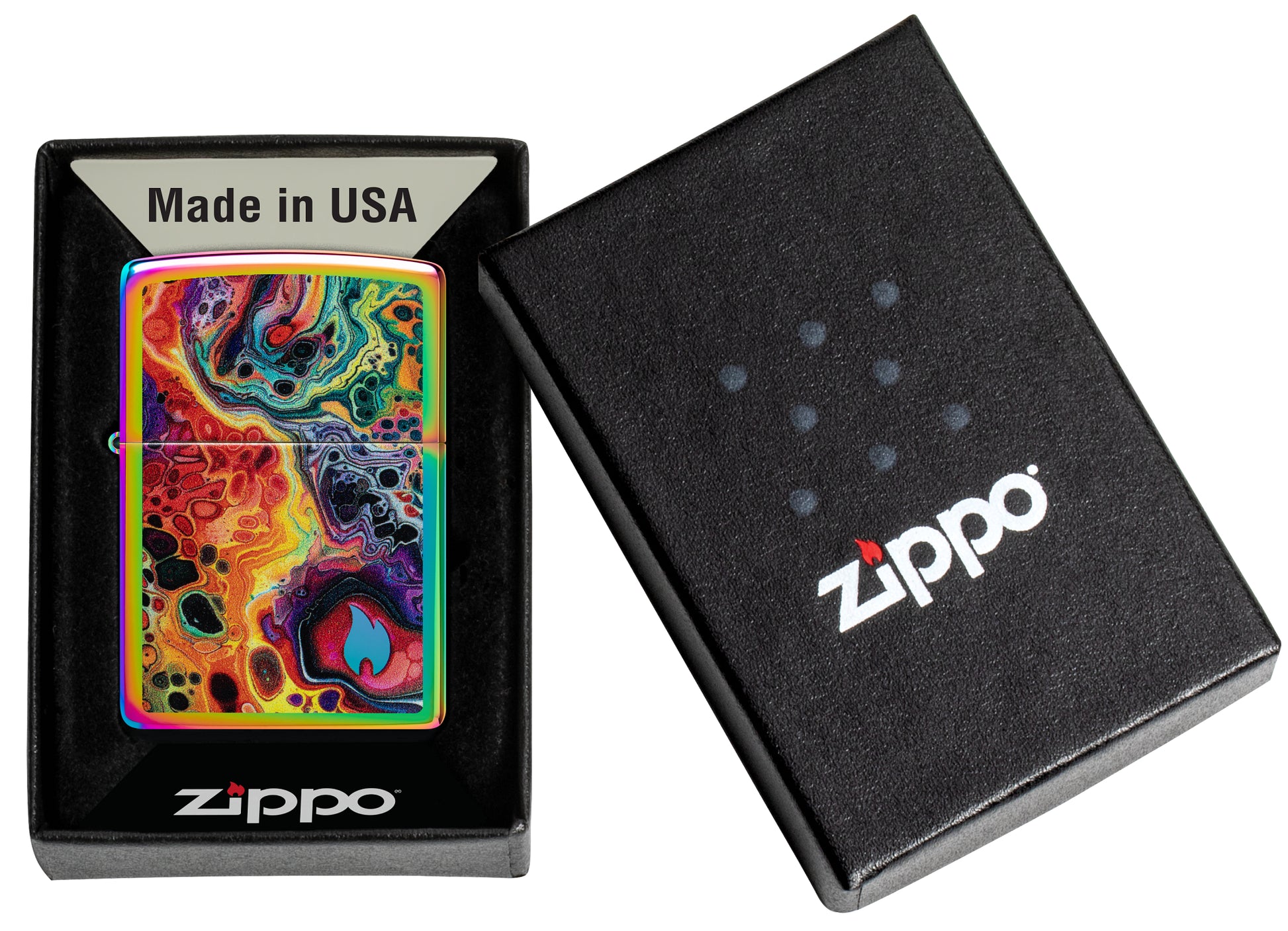 Zippo Mesmerizing Magma Design Multi-Color Windproof Lighter in its packaging.