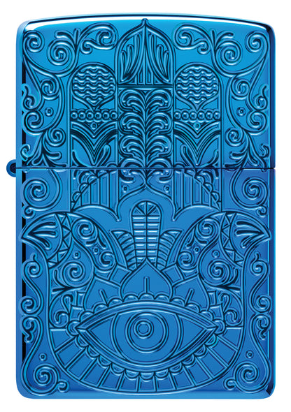 Front view of Zippo Hamsa Armor® High Polish Blue Windproof Lighter.