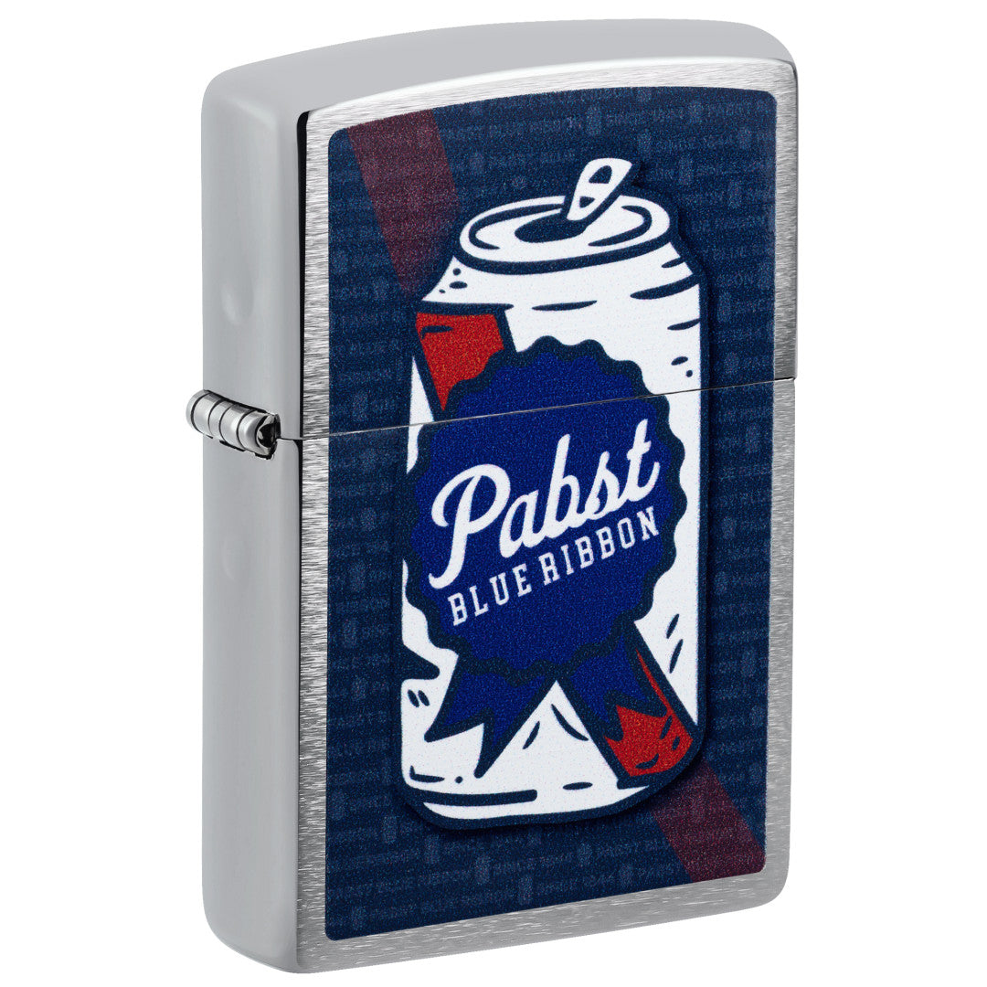 Front shot of Zippo Pabst Blue Ribbon® Can Art Design Brushed Chrome Windproof Lighter standing at a 3/4 angle.