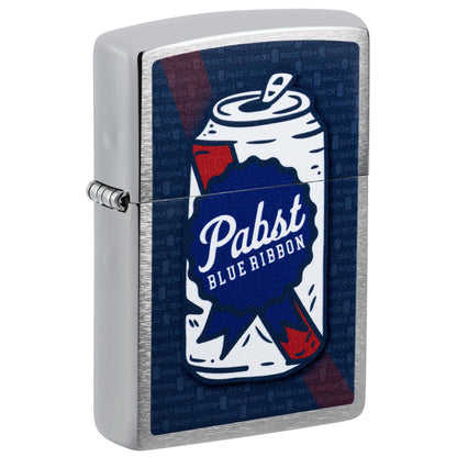 Front shot of Zippo Pabst Blue Ribbon® Can Art Design Brushed Chrome Windproof Lighter standing at a 3/4 angle.