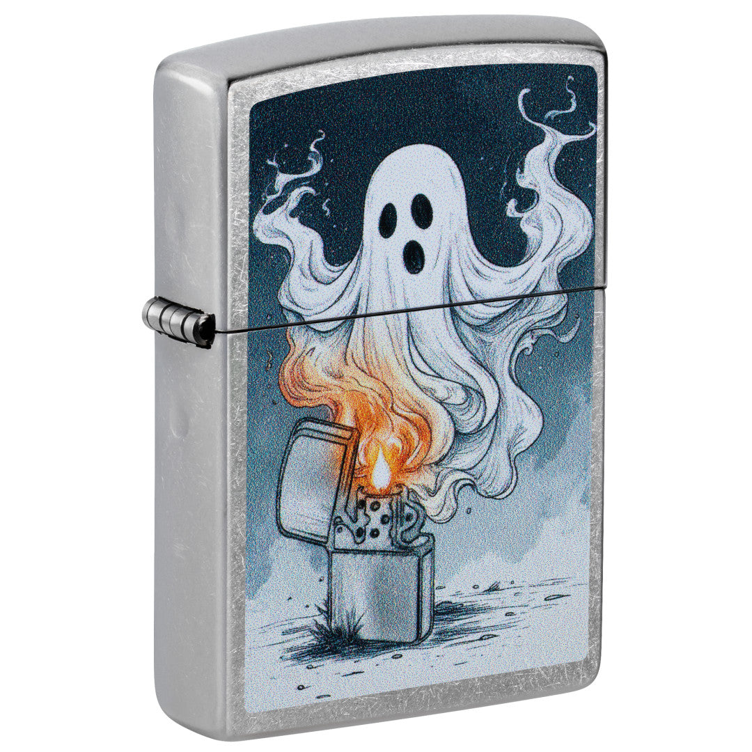 Front shot of Zippo Spooky Spark Design Street Chrome Windproof Lighter standing at a 3/4 angle.