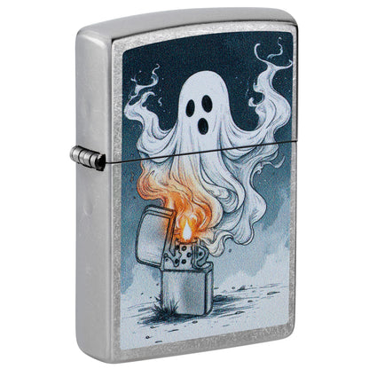 Front shot of Zippo Spooky Spark Design Street Chrome Windproof Lighter standing at a 3/4 angle.