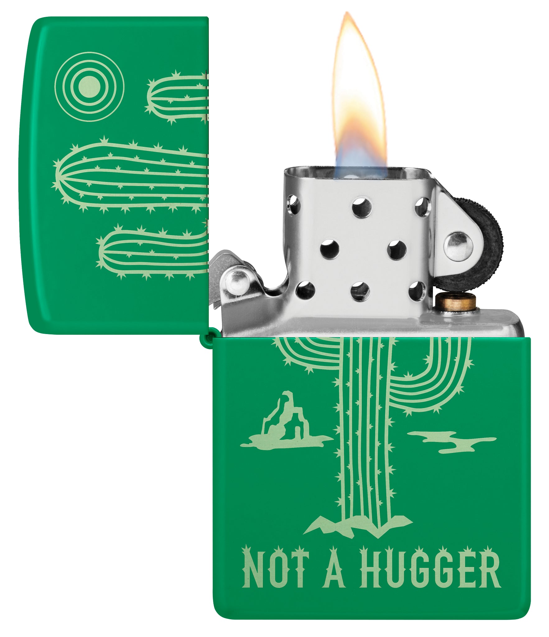 Zippo Not a Hugger Design Grass Green Matte Windproof Lighter with its lid open and lit.