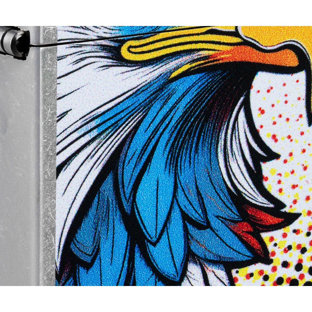 Front view of Zippo Pop Art Eagle Design Street Chrome Windproof Lighter close up to show the detail of the lighter.