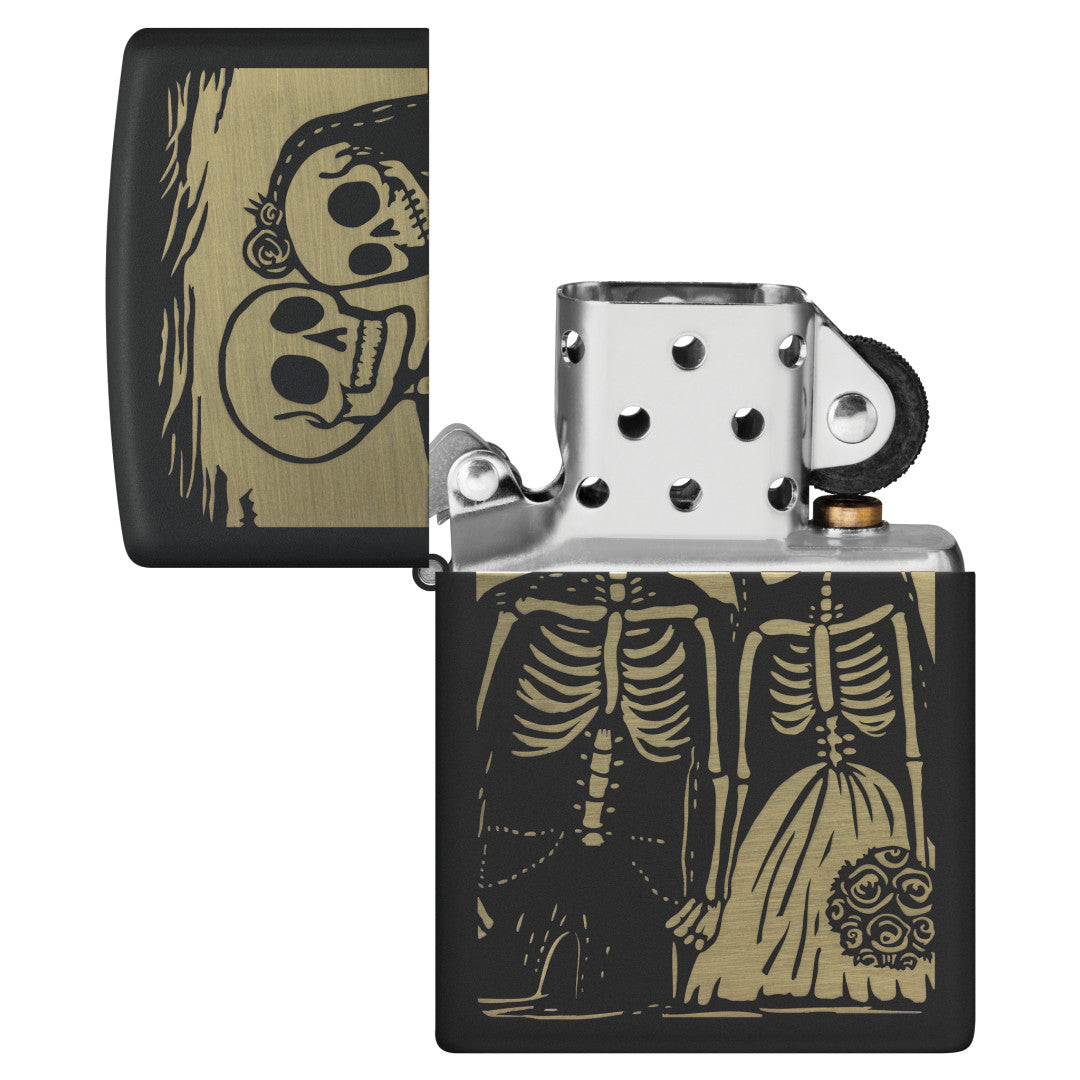 Zippo Skeleton Wedding Design Black Matte Windproof Lighter with its lid open and unlit.