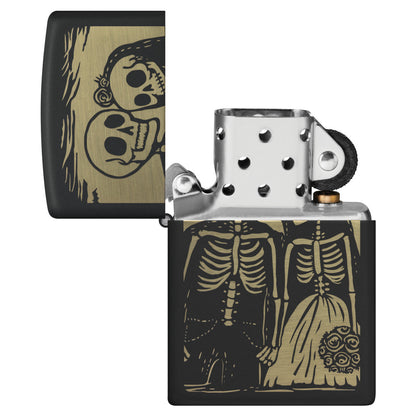 Zippo Skeleton Wedding Design Black Matte Windproof Lighter with its lid open and unlit.