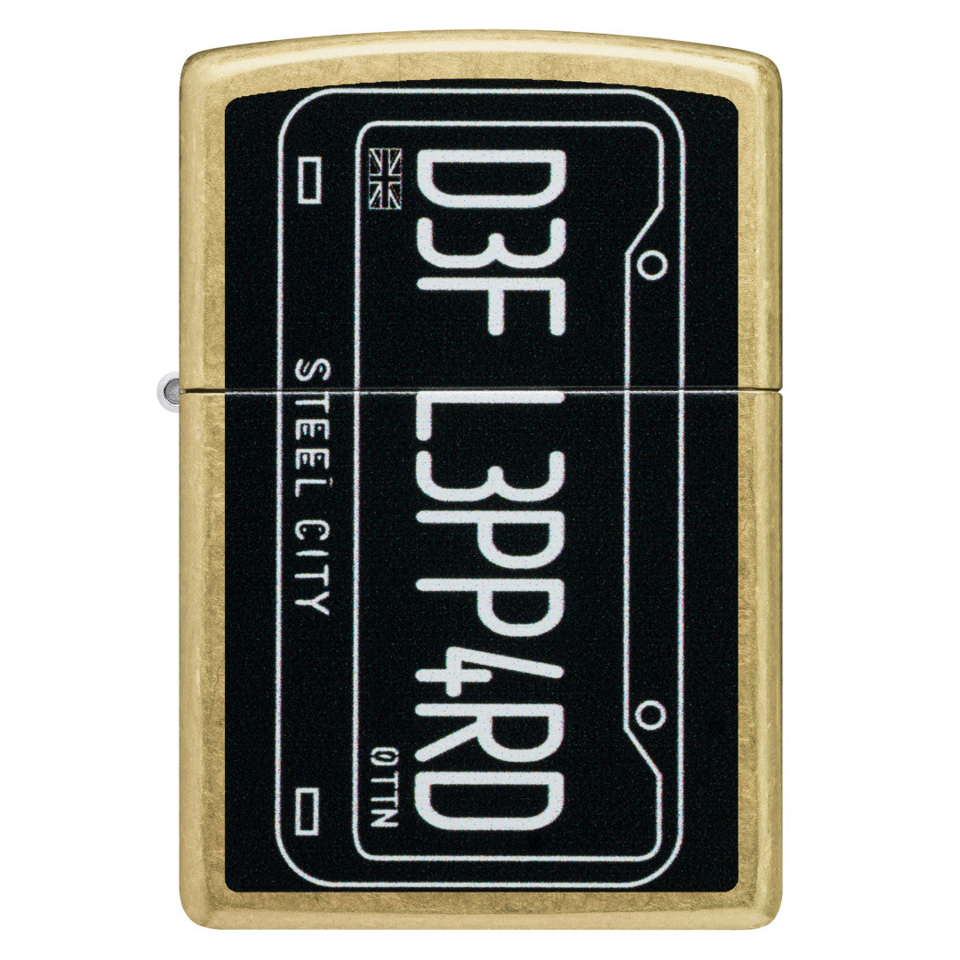 Front view of Zippo Def Leppard Steel City Design Street Brass Windproof Lighter.