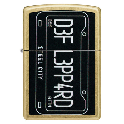 Front view of Zippo Def Leppard Steel City Design Street Brass Windproof Lighter.