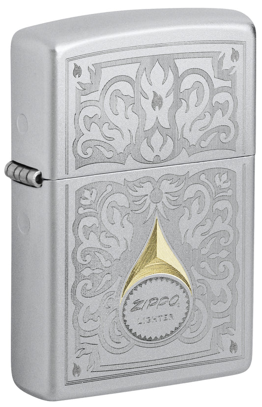 Front shot of Zippo Vintage Filigree Design Satin Chrome Windproof Lighter standing at a 3/4 angle.
