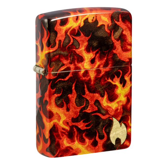 Front shot of Zippo Inferno Design 540 Matte Windproof Lighter standing at a 3/4 angle.