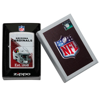 Zippo NFL Arizona Cardinals Helmet Design Street Chrome Windproof Lighter in its packaging.