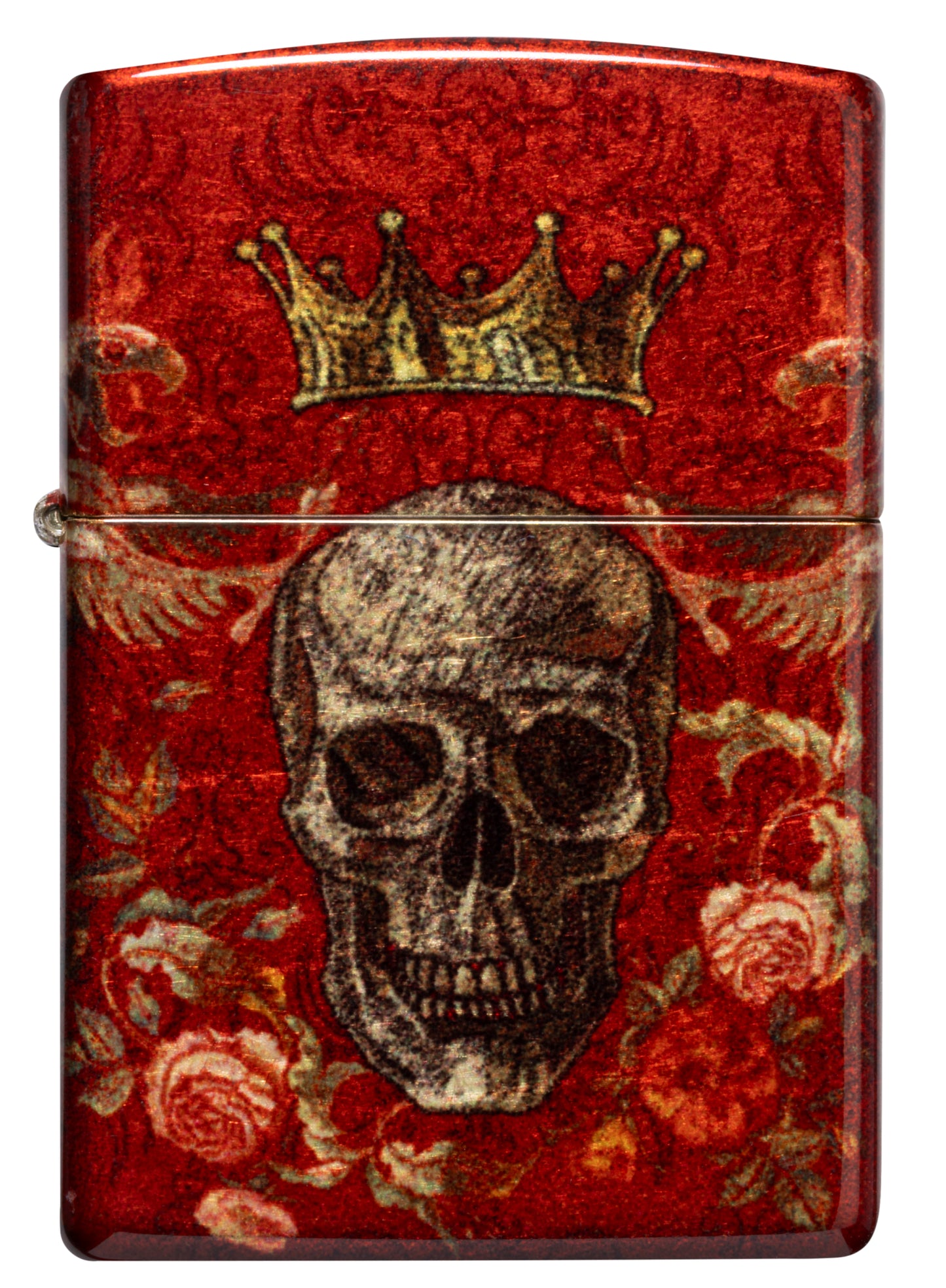Front view of Zippo Skull Heraldry Design Tumbled Brass Windproof Lighter.