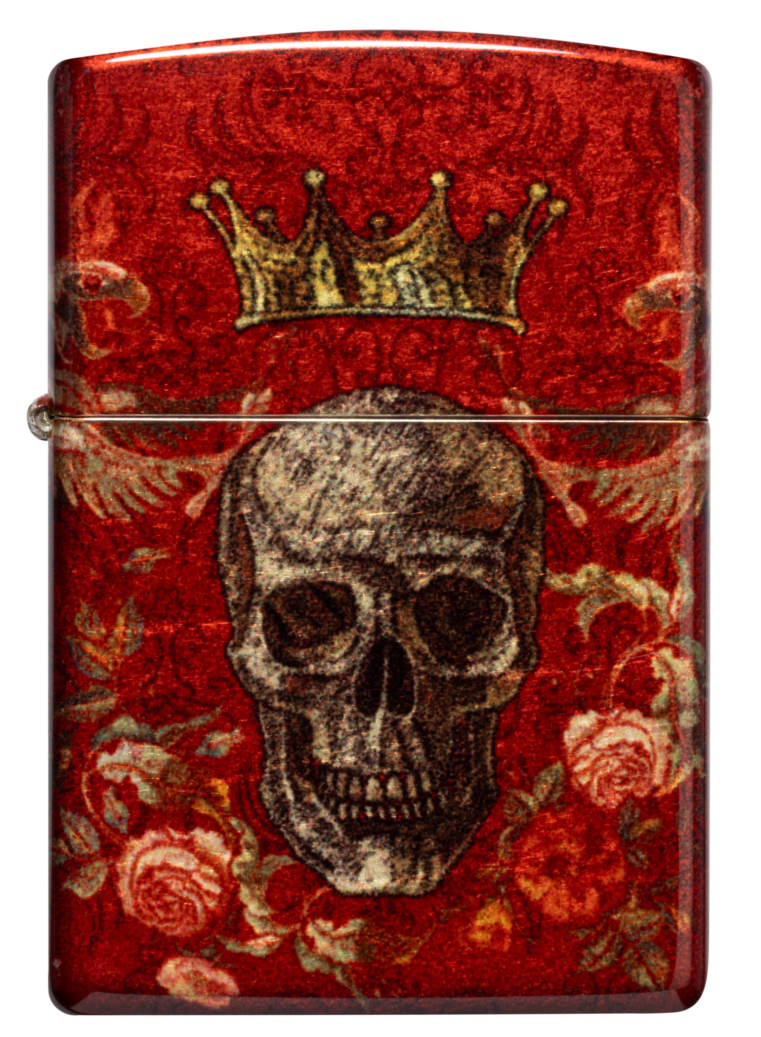 Front view of Zippo Skull Heraldry Design Tumbled Brass Windproof Lighter.