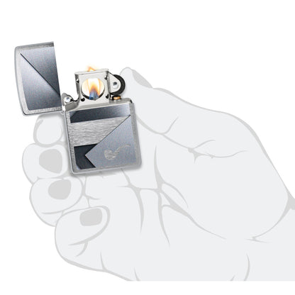 Zippo Metallic Design Pipe Lighter Brushed Chrome Windproof Lighter lit in hand.