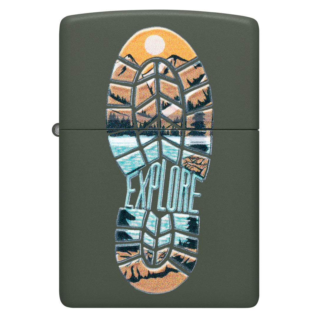 Front view of Zippo Step Out Design Green Matte Windproof Lighter.
