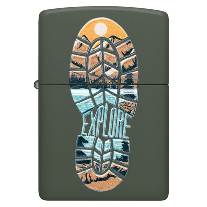 Front view of Zippo Step Out Design Green Matte Windproof Lighter.