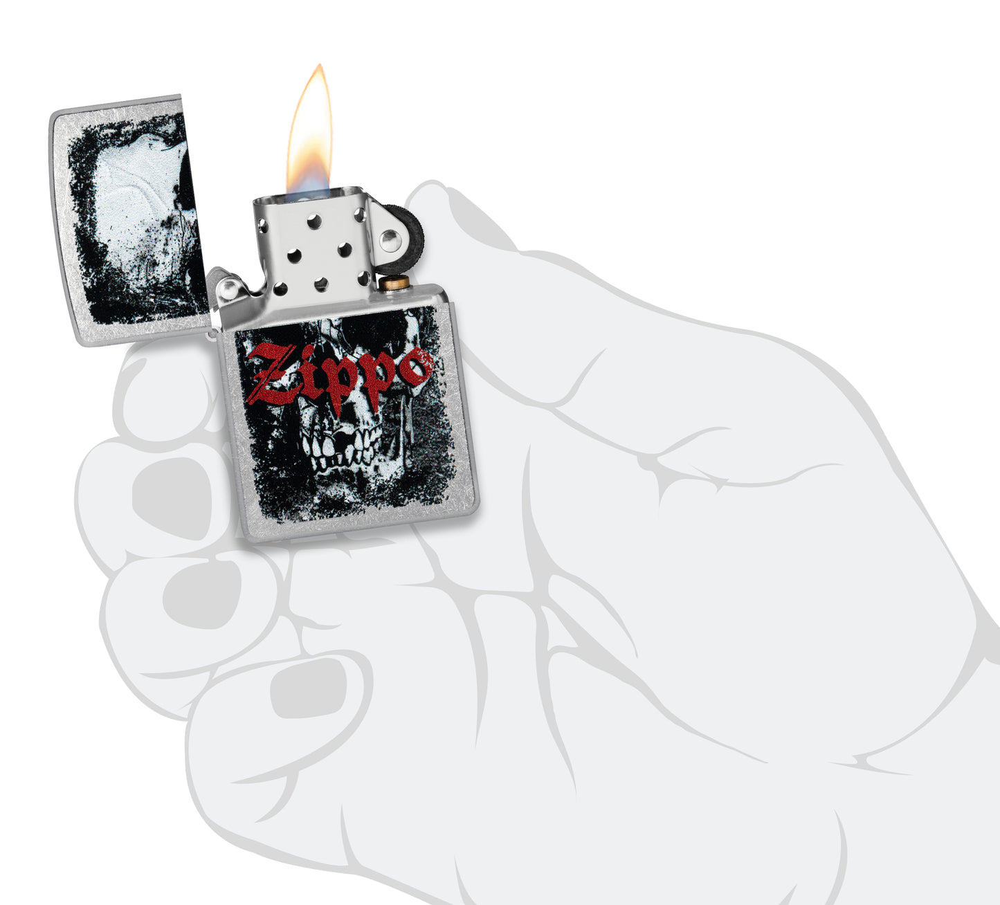 Zippo Skull Design Street Chrome Windproof Lighter lit in hand.