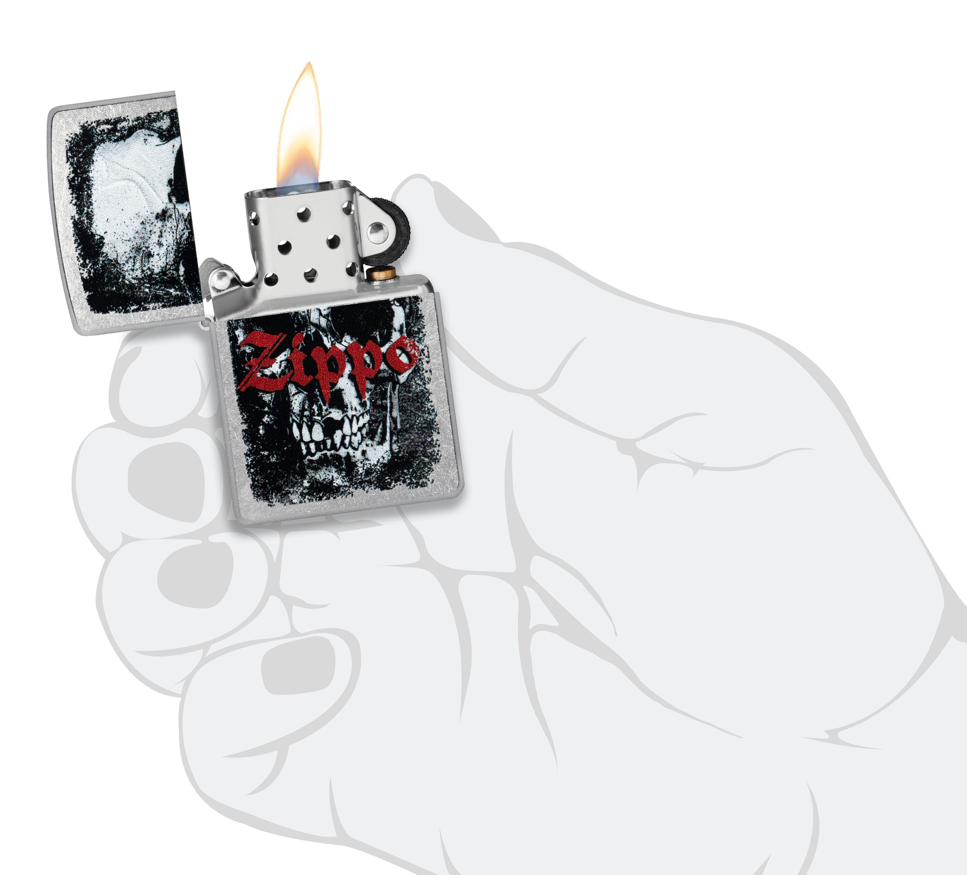 Zippo Skull Design Street Chrome Windproof Lighter lit in hand.