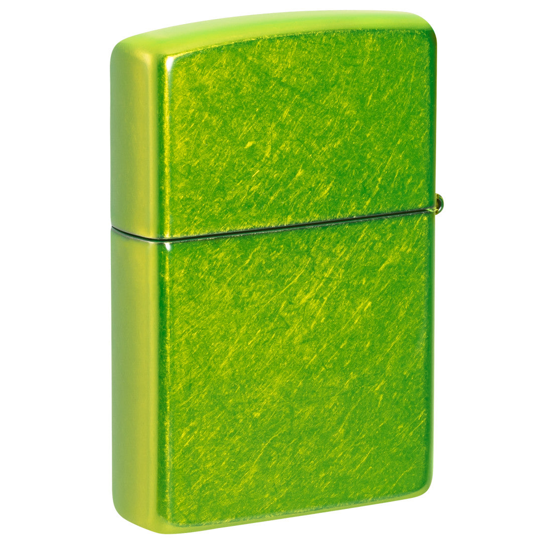 Back view of Zippo Megadeth Vic Rattlehead Design Classic Lurid Windproof Lighter standing at a 3/4 angle.
