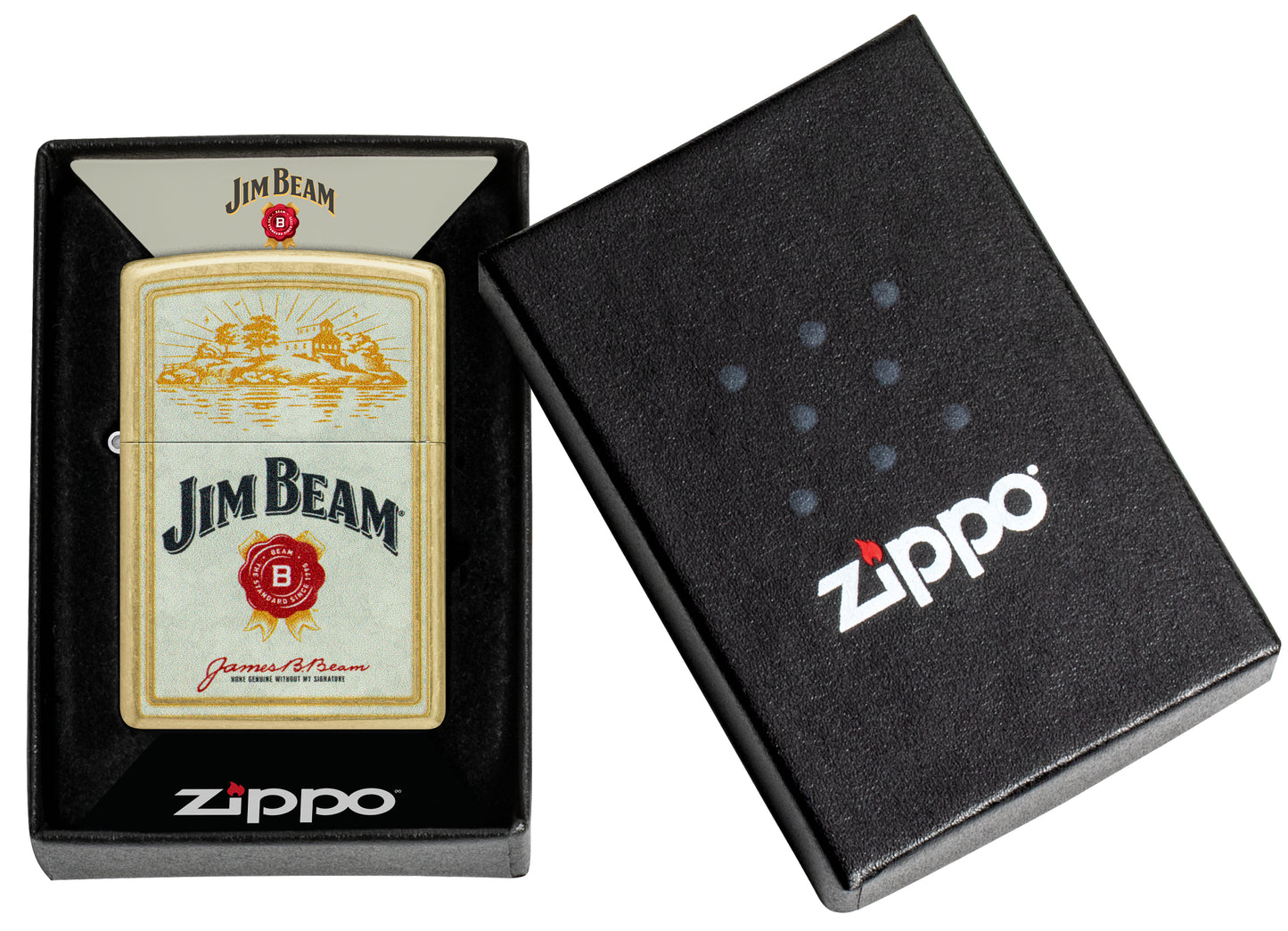 Zippo Jim Beam® Provenance Design Street Brass Windproof Lighter in its packaging.