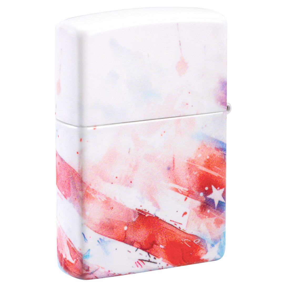 Back view of Zippo Watercolor Flag Design 540 Matte Windproof Lighter standing at a 3/4 angle.