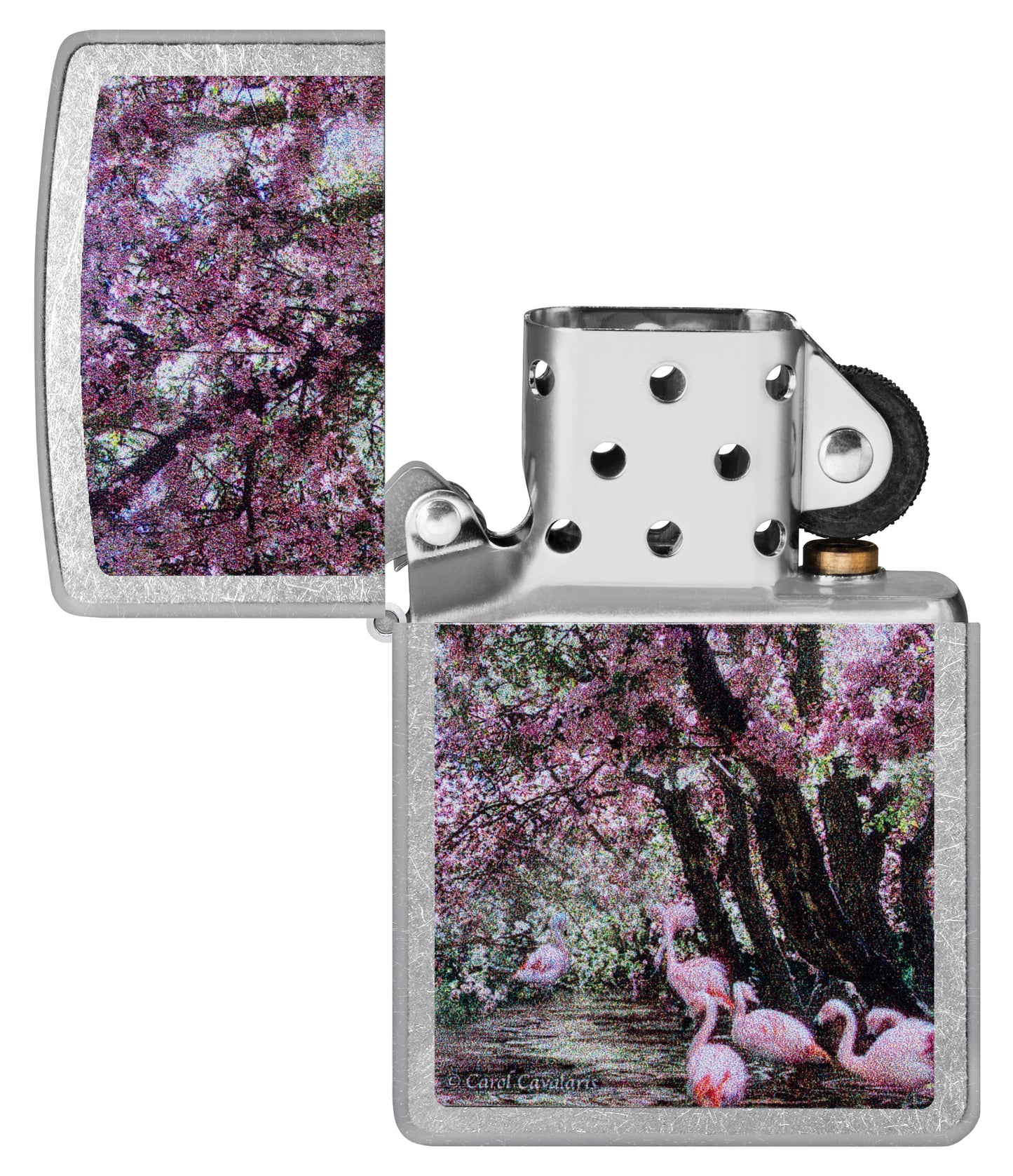 Zippo Carol Cavalaris Flamingo Lagoon Design Street Chrome Windproof Lighter  with its lid open and unlit.