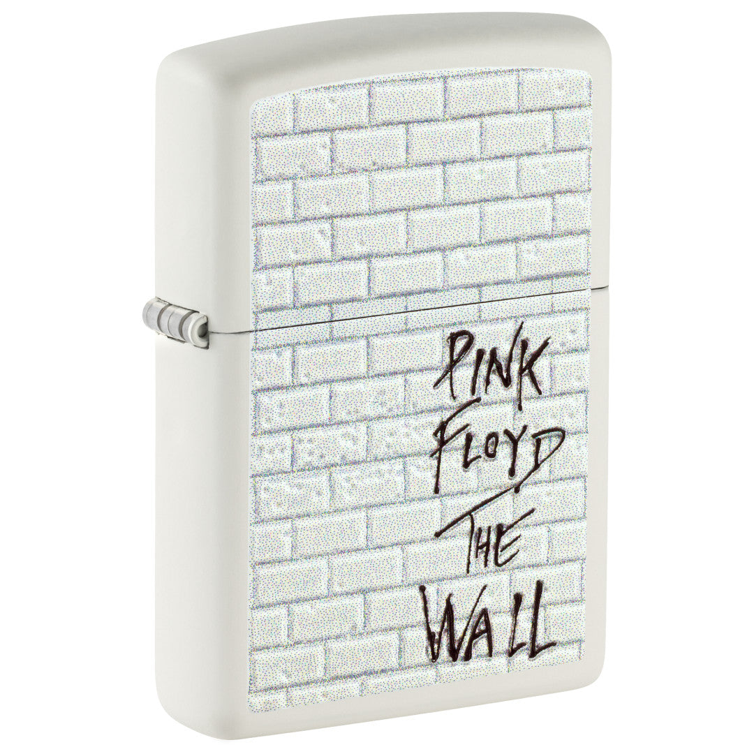 Front shot of Zippo Pink Floyd The Wall Design White Matte Windproof Lighter standing at a 3/4 angle.