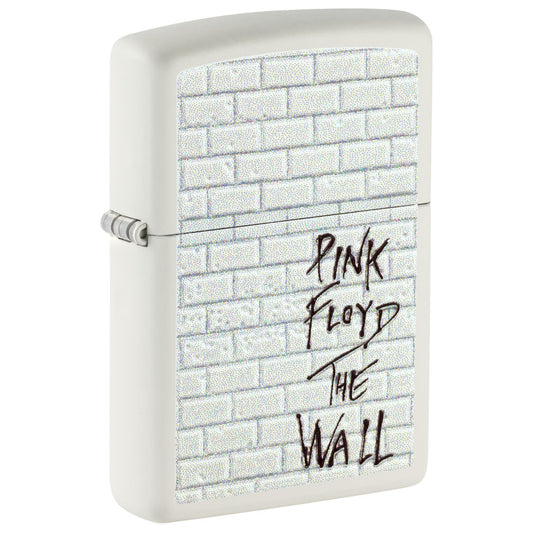 Front shot of Zippo Pink Floyd The Wall Design White Matte Windproof Lighter standing at a 3/4 angle.