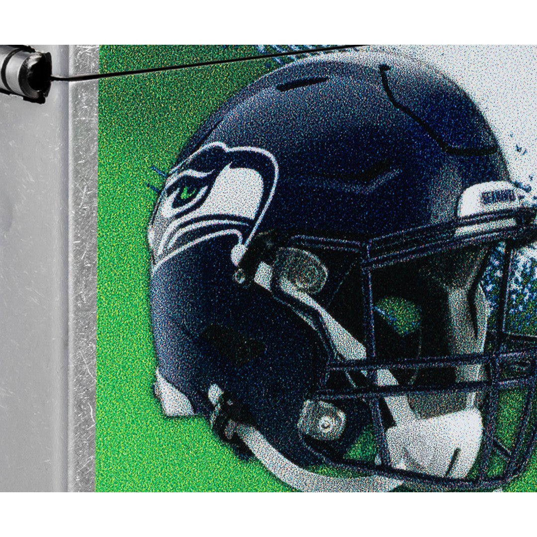 Front view of Zippo NFL Seattle Seahawks Helmet Design Street Chrome Windproof Lighter close up to show the detail of the lighter.