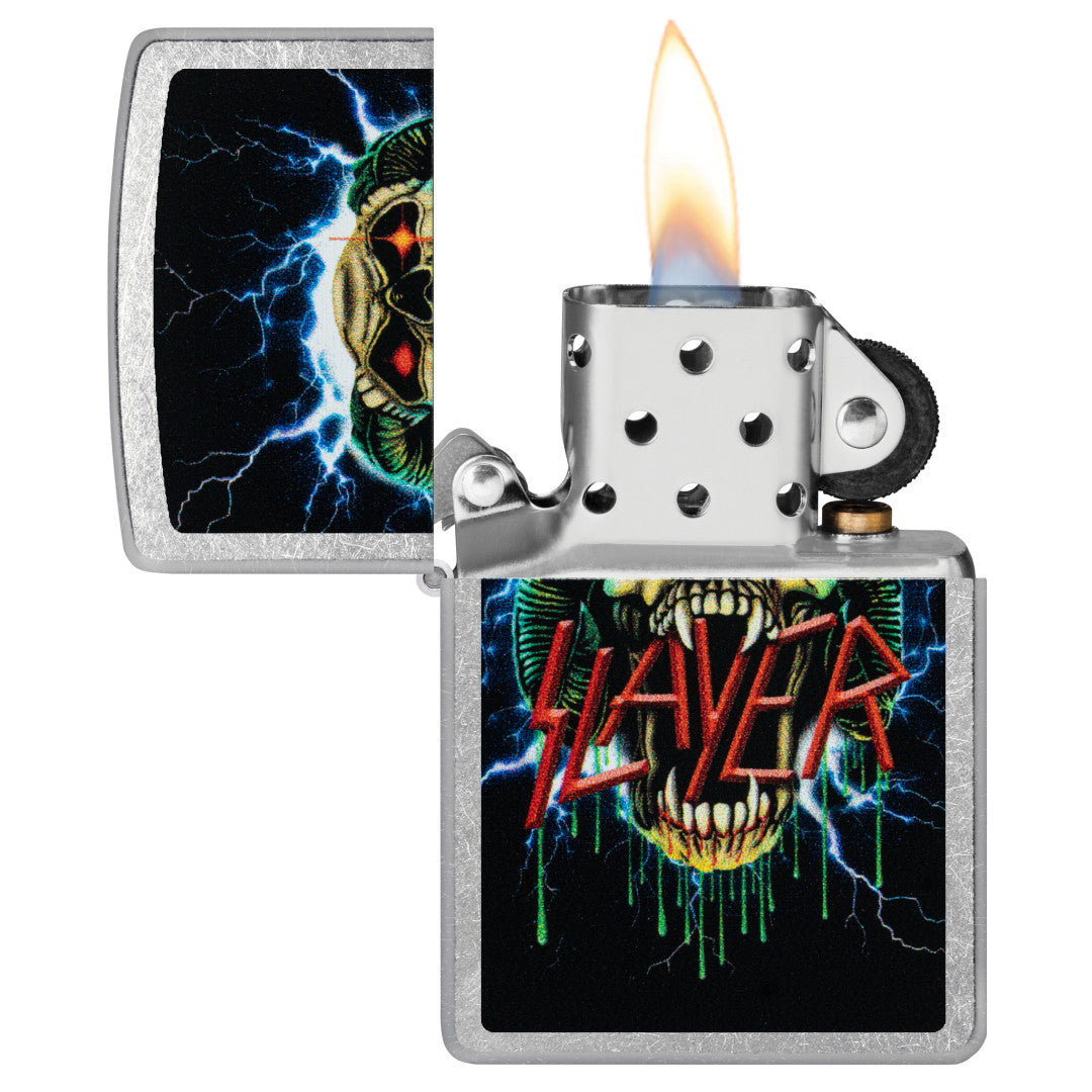 Zippo Slayer Snake Design Street Chrome Windproof Lighter with its lid open and lit.