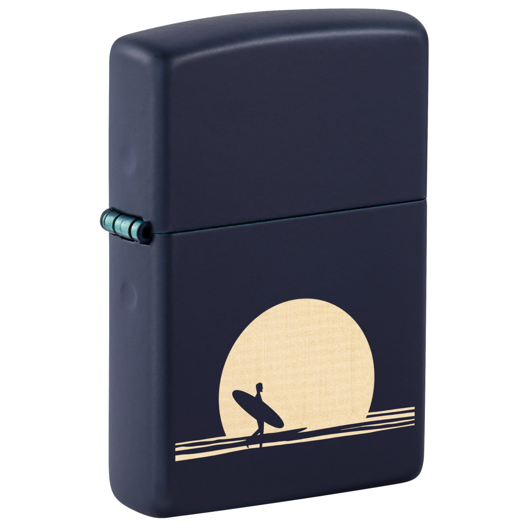 Front shot of Zippo Sun and Surf Design Navy Matte Windproof Lighter standing at a 3/4 angle.