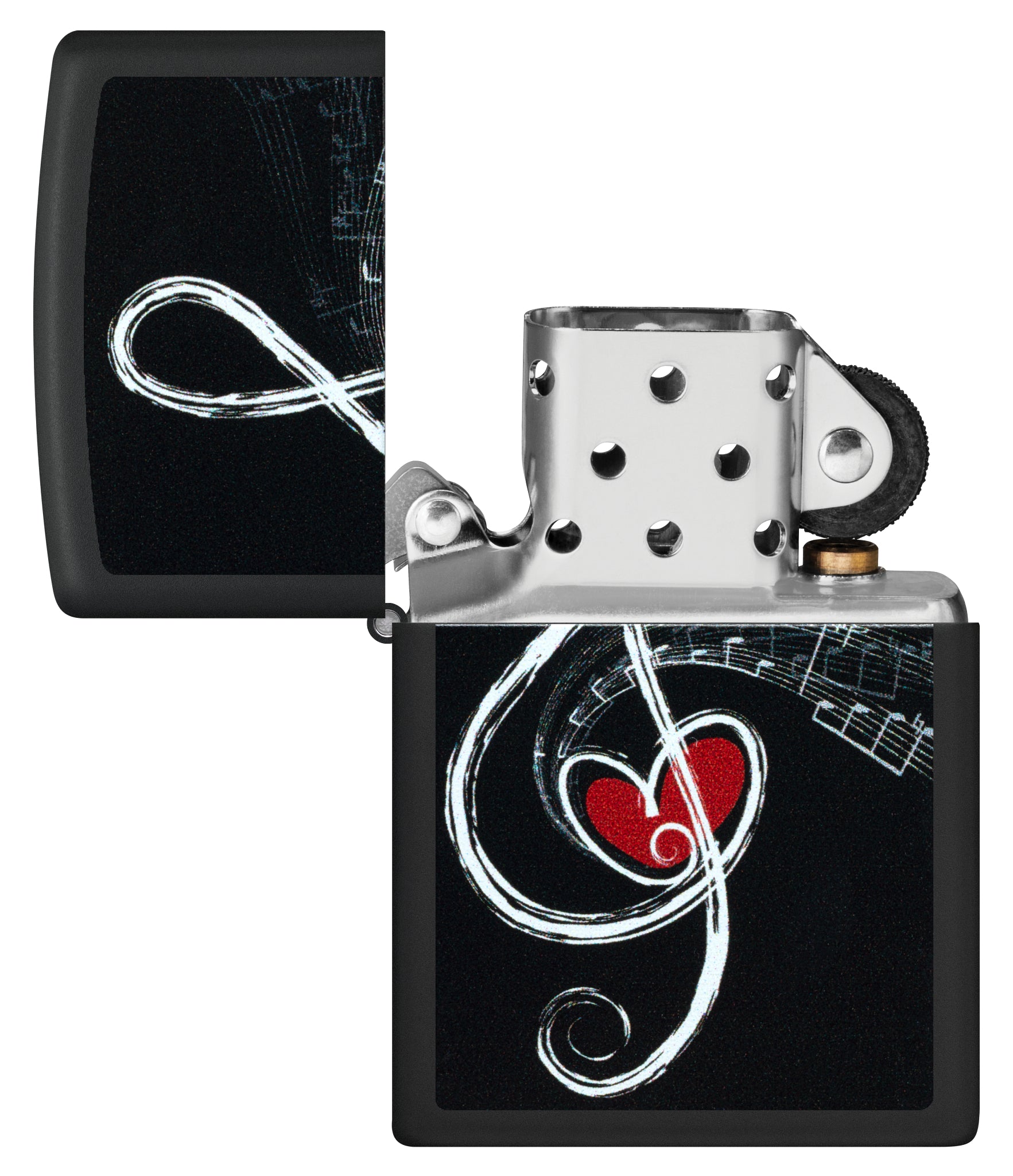 Zippo Love Clef Design Black Matte Windproof Lighter with its lid open and unlit.