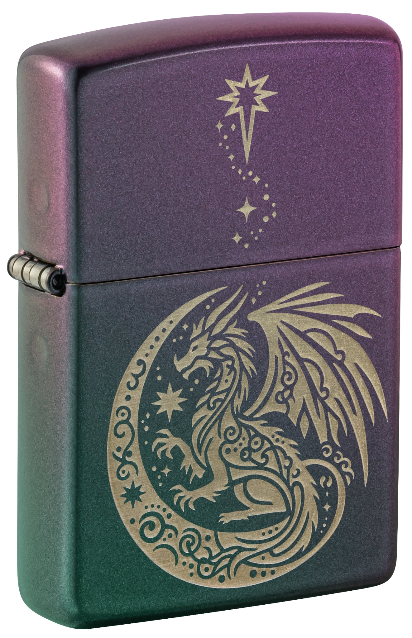 Front shot of Zippo Dragon Fantasy Design Iridescent Windproof Lighter standing at a 3/4 angle.