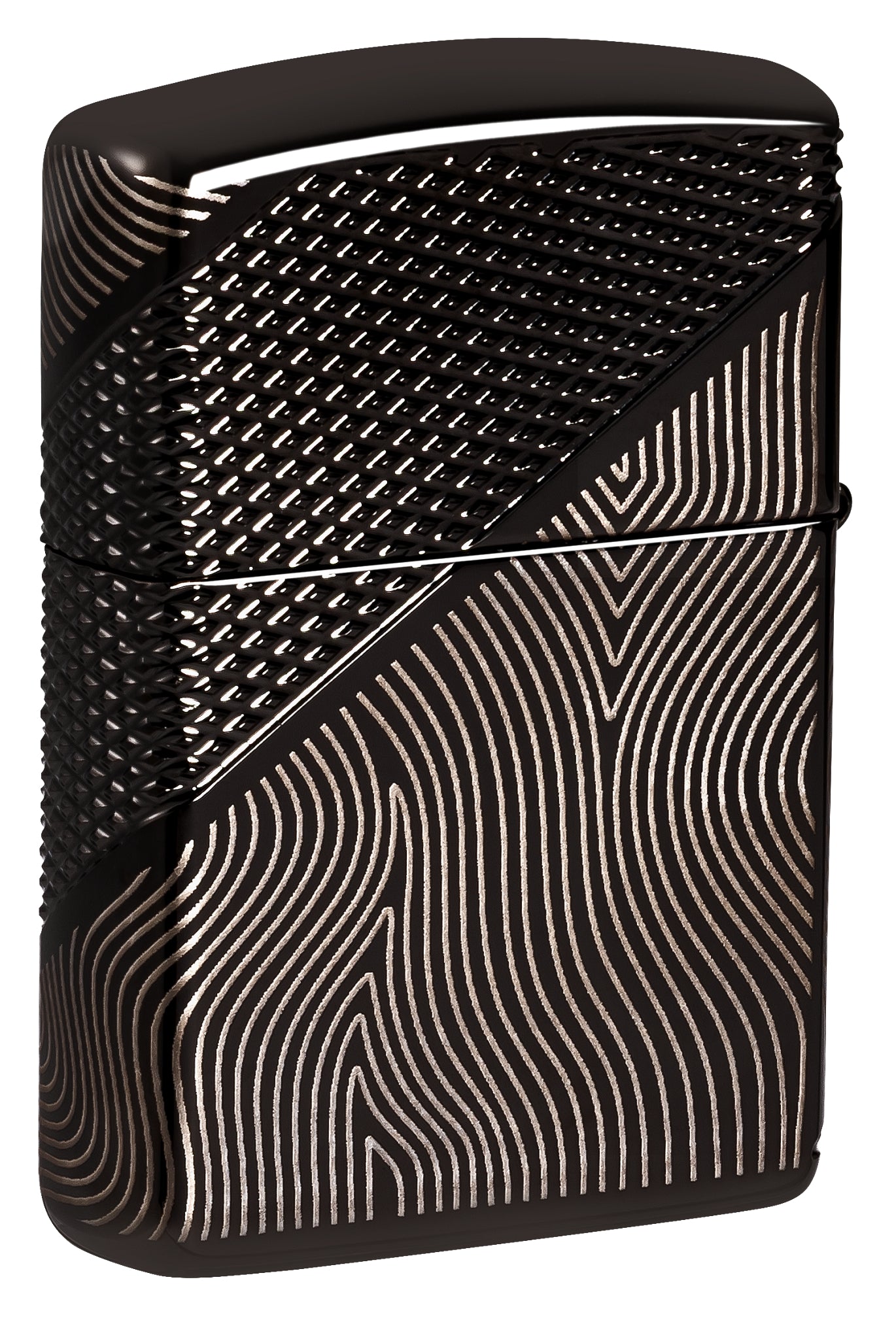 Back view of Zippo Z Crystal Design Armor® High Polish Black Windproof Lighter standing at a 3/4 angle.