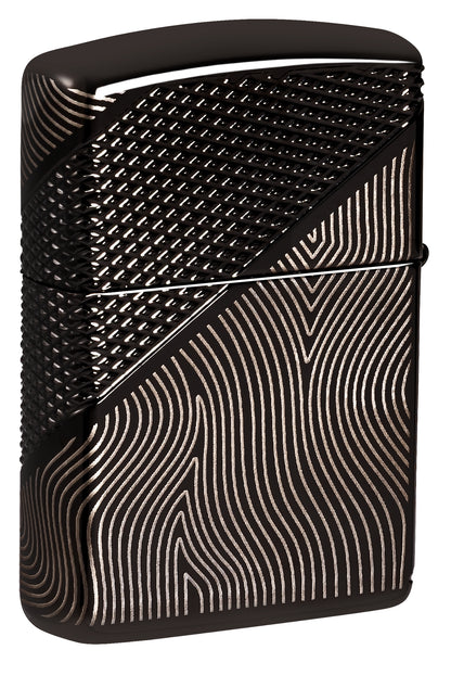 Back view of Zippo Z Crystal Design Armor® High Polish Black Windproof Lighter standing at a 3/4 angle.