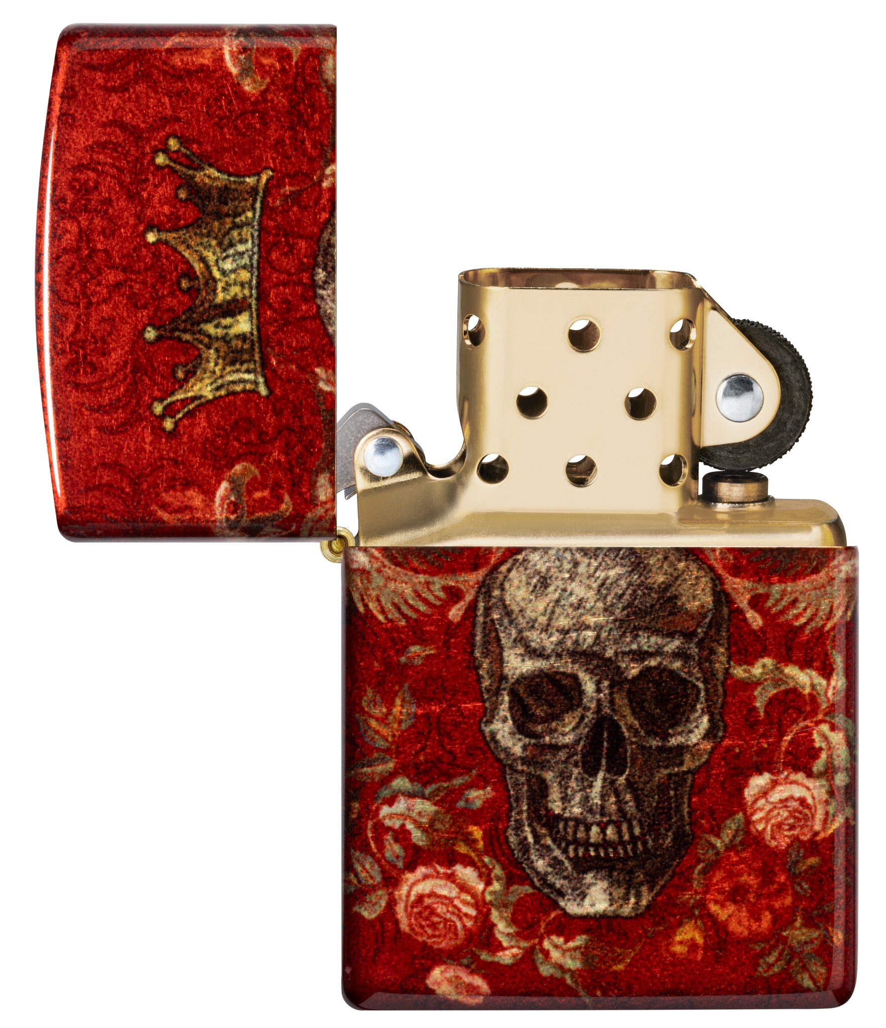 Zippo Skull Heraldry Design Tumbled Brass Windproof Lighter with its lid open and unlit.