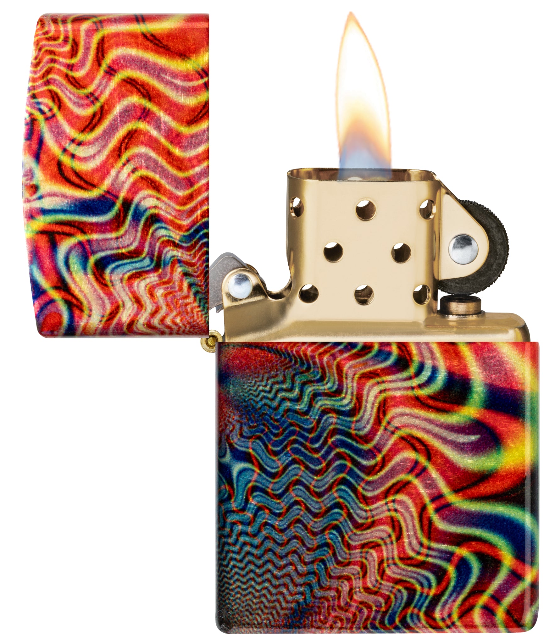 Zippo Fusion Waves Design 540 Tumbled Brass Windproof Lighter with its lid open and lit.