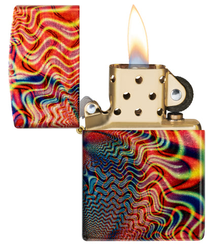 Zippo Fusion Waves Design 540 Tumbled Brass Windproof Lighter with its lid open and lit.