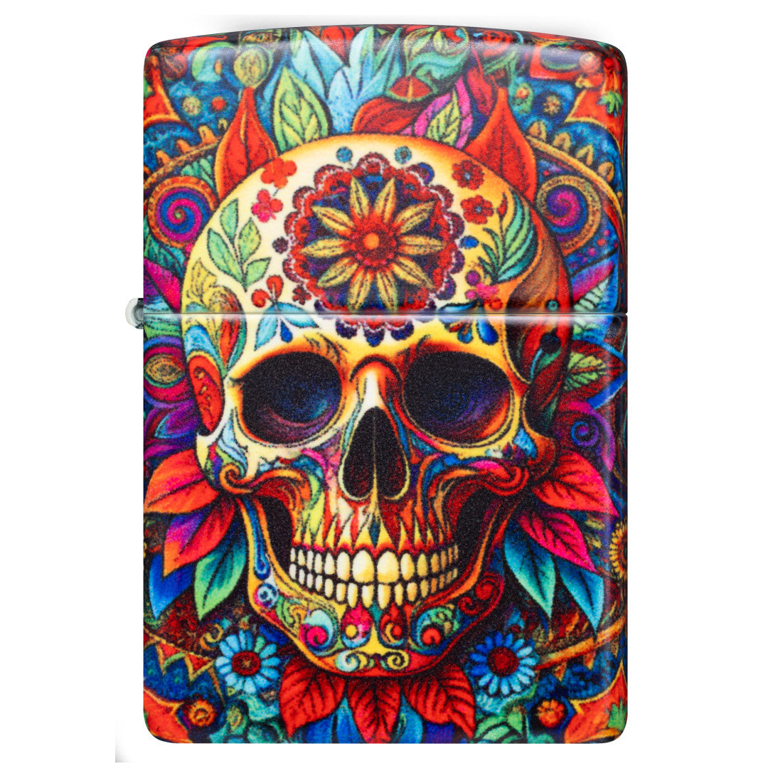 Front view of Zippo Day of the Dead Skull Design 540 Matte Windproof Lighter.