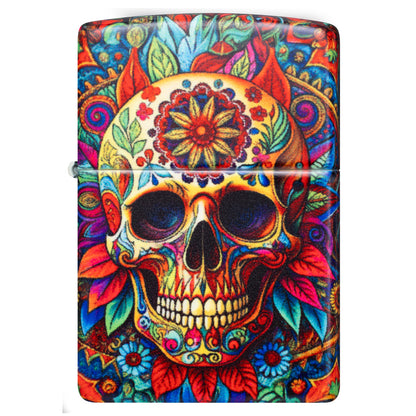 Front view of Zippo Day of the Dead Skull Design 540 Matte Windproof Lighter.